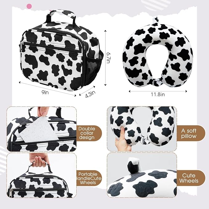 Redbaker 6 Pcs Kids Luggage Set, 17 Inch Rolling Suitcase with Backpack Lunch Bag Neck Pillow, Black and White Cow Travel Set for Summer Vacation Sleepover Back to School Gift - Image 5