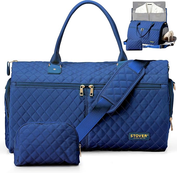 STOVER Women’s Convertible Garment Duffel Bag for Travel – 2-in-1 Carry-On Weekender/Overnight Tote - Wrinkle-Free Dresses, Suits & Clothes + Shoe Compartment & Bonus Toiletry Bag (Sapphire Blue) by STOVER