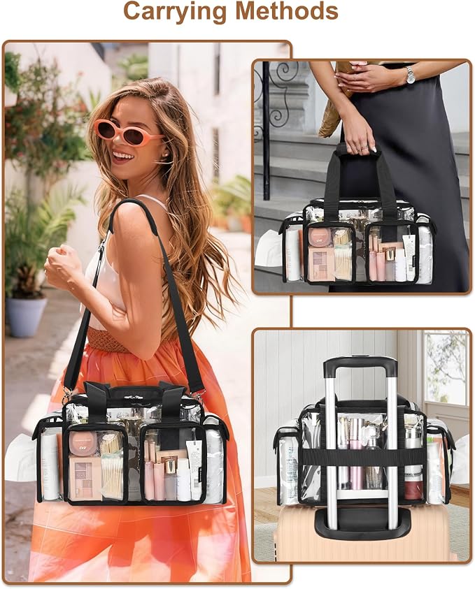 Relavel Clear Makeup Bag Professional Makeup Artist Kit Set Travel Cosmetic Organizer Case Transparent Stadium Approved Tote Bag Toiletry Lunch Duffle Work Shoulder Bag with Adjustable Dividers, Black - Image 6