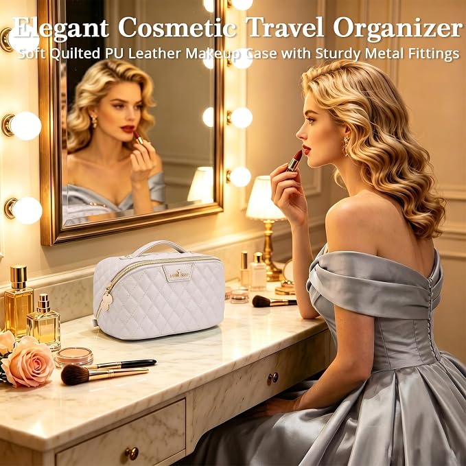 Travel Makeup Bags Cosmetic Organizer: 3Pcs Set Puffy Make up Bag for Women | Beige Premium Quilted ELEGANCE Design | Large Capacity Leather Toiletry Bags | Wide Open Compact Case for Travel Essentials - Image 3