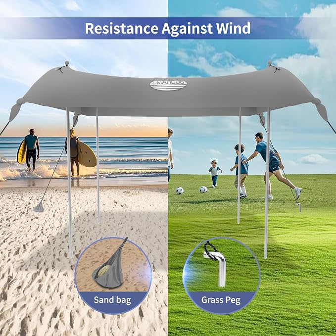 UMARDOO Family Beach Tent Canopy Sun Shade Portable, Large Compact Beach Sun Shelter Easy Setup with Packable Bag for Outdoor Travel (Grey, 10X10 FT. 4Poles) - Image 4