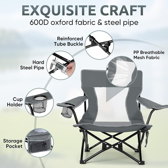 HaSteeL Folding Beach Chair Set of 2, Foldable Grey Camping Chairs for Outside, Low Beach Chair Portable for Adults Fishing, Picnic, Outdoor BBQ, Travel, Sports, Cup Holder & Storage Bag - Image 3