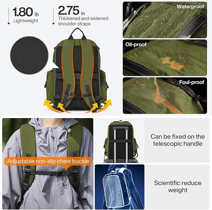 mixi Travel Backpack for Women Men, 18 Inch Carry On Laptop Backpack Flight Approved fits 16'' Laptop, Lightweight Waterproof Hiking Backpack Travel Outdoor Business Casual Daypack, Jungle Green - Image 4