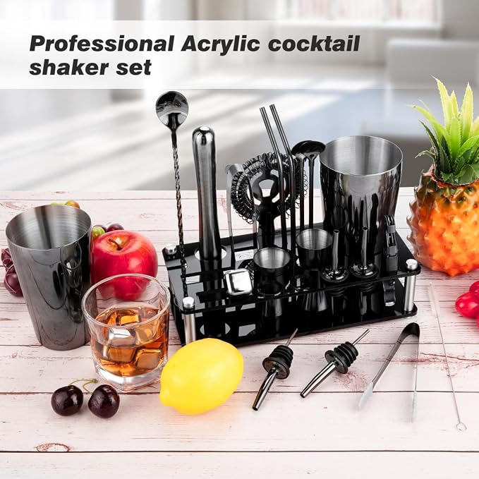 Cocktail Shaker Set, 23-Piece Boston Stainless Steel Bartender Kit with Acrylic Stand & Cocktail Recipes Booklet, Professional Bar Tools for Drink Mixing, Home, Bar, Party - Black - Image 5