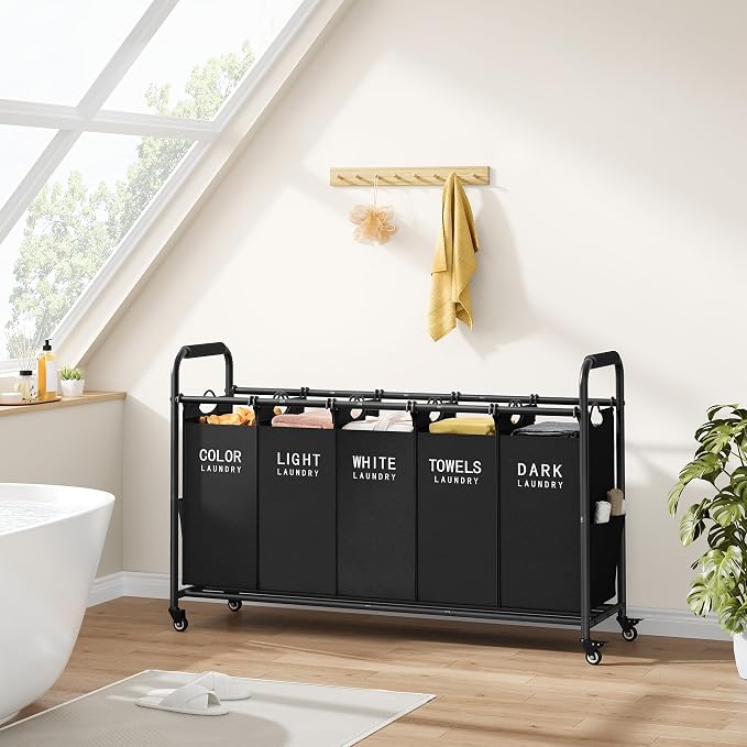 Tajsoon 5 Bag Laundry Sorter Cart, 5 Section Laundry Hamper with Heavy Duty Rolling Lockable Wheels, Laundry Basket Organizer with Removable Bags for Dirty Clothes Storage, Black - Image 6