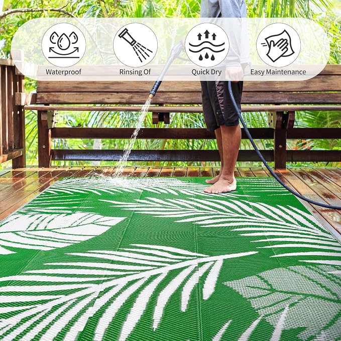 Waterproof Outdoor Rug 8x10ft, Green Leaf Reversible Plastic Straw Mat for Patio RV Deck Porch Backyard Balcony Camping Picnic Beach Indoor Outdoor Carpet, Green&White - Image 3