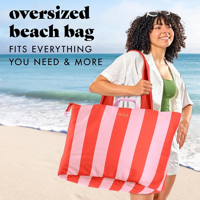 Fit & Fresh XL Beach Tote Bag for Women – XL Travel Tote with Zipper & Pockets, Oversized Canvas Pool Bag, Weekender Carry-On - Image 2