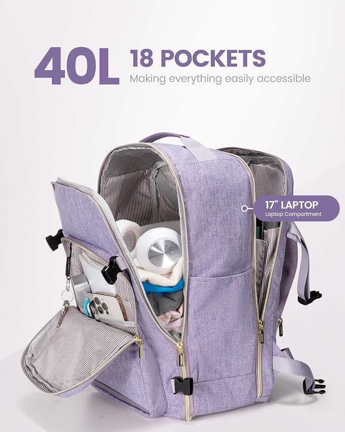 LOVEVOOK 40L Travel Backpack Flight Approved Carry on Backpack,3 Packing Cubes,Waterproof Personal Item Travel Bag,TSA Carry on Luggage Suitcase Travel Essentials,Gifts for Women & Men,fits 17" Laptop - Image 3