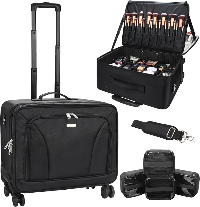 Relavel Extra Large Makeup Case Rolling Travel Train Case with 360° Spinner Wheels, 3 Layer with Insulation Compartment & Four Clear Storage Bags, Professional Makeup Artist Bag Set, Black by Relavel