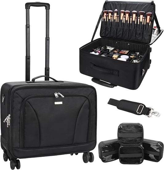 Relavel Extra Large Makeup Case Rolling Travel Train Case with 360° Spinner Wheels, 3 Layer with Insulation Compartment & Four Clear Storage Bags, Professional Makeup Artist Bag Set, Black by Relavel