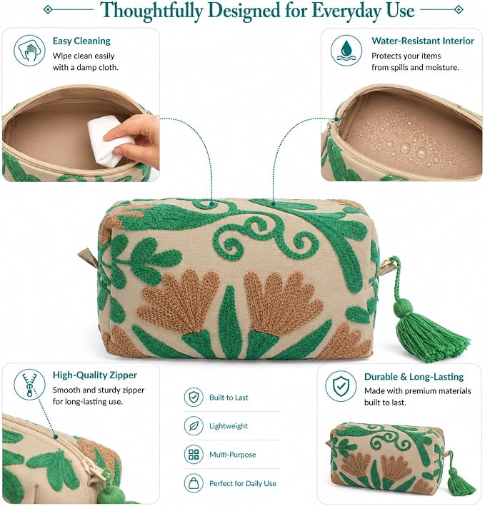 Huar Travel Makeup Bag- Large Capacity Cosmetic Bags for Women - Water Resistance Lining Portable Pouch & Open Toiletry Bag - Perfect Girls Makeup Organizer for Travel Essentials (Beige) - Image 3