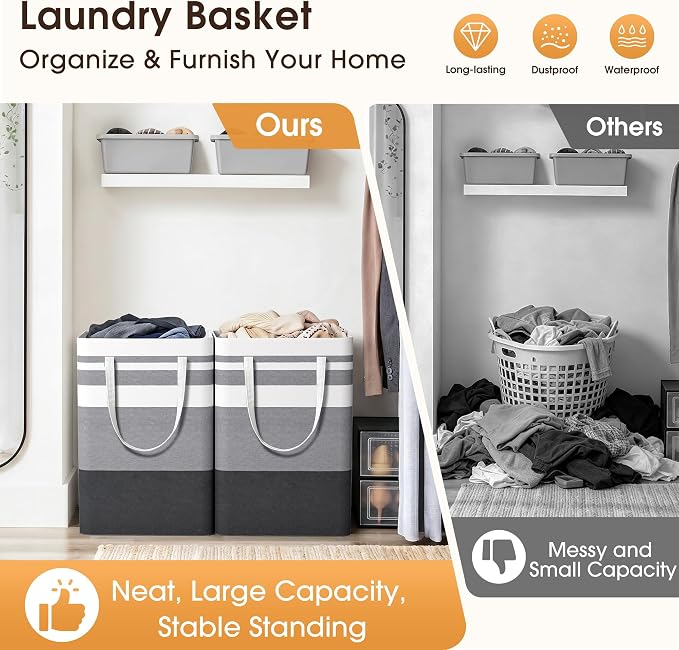 HomeHacks 2 Pack Large Laundry Baskets, Waterproof, Freestanding Laundry Hampers, Collapsible Clothes Hamper with Reinforced Handles in Laundry Room, College Dorm, Bathroom, Bedroom (Grey, 75Lx2) - Image 4