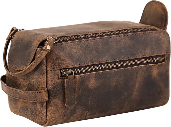 KomalC Premium Buffalo Leather Toiletry Bag for Men & Women With Water resistant Lining, Grooming Travel Pouch, Unisex Wash Bag for Toiletries, Gifts for Men and Women - Image 2