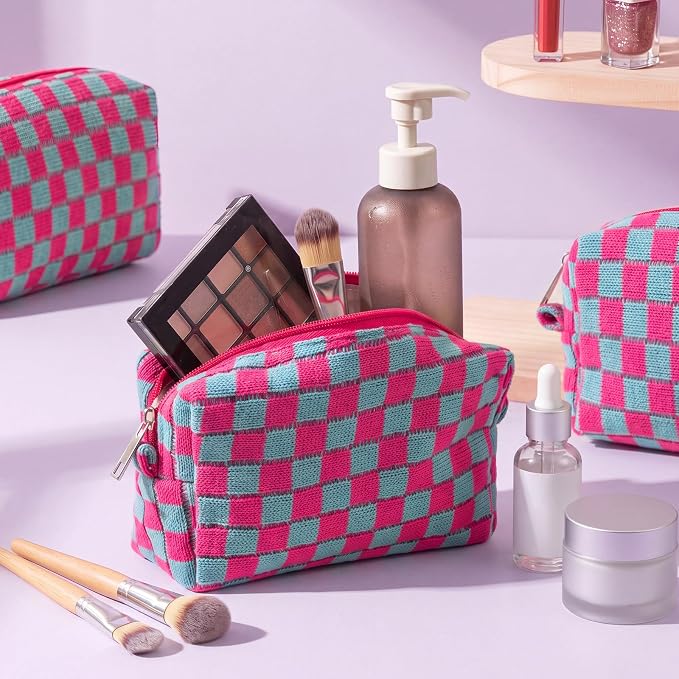 Gilprop 8 Pcs Checkered Makeup Bag for Purse Small Cosmetic Pouch Bulk Portable Zipper Makeup Pouch Travel Toiletry Organizer Gifts for Women Bridesmaid Wedding Party Favors (Pink Blue) - Image 3