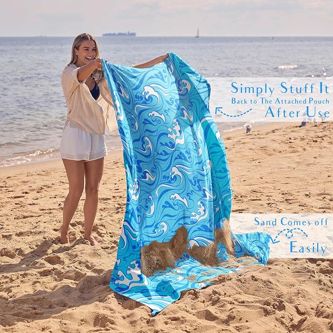 WEKAPO Beach Blanket Waterproof Sandproof Oversized Extra Large Sand Free Beach Mat with Stakes, Storage Bag - Essentials for Outdoor Beach, Picnic (Blue Ocean Waves, 8 X 7 FT (1~4 Person)) - Image 5