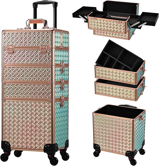 Stagiant Rolling Makeup Case Cosmetology Case on Wheels 4 in 1 Large Cosmetic Organizer Train Case Makeup Travel Case with Key Swivel Wheels Nail Artist Salon Storage Traveling Cart Trunk Rose Gold by Stagiant