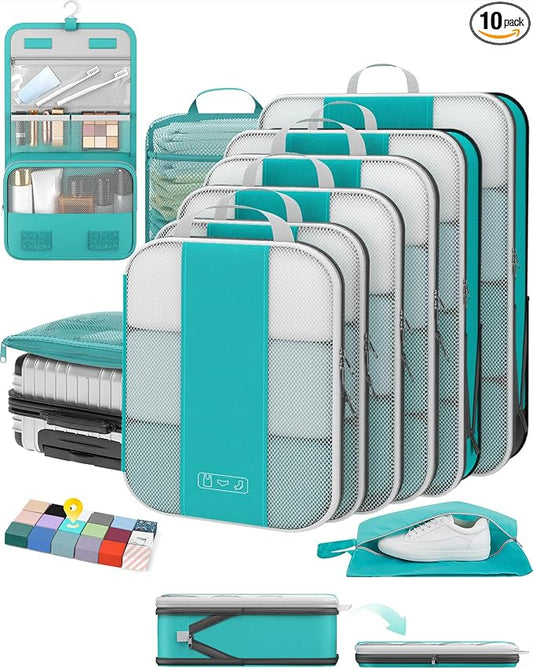 OlarHike 10 Set Compression Packing Cubes for Travel Essentials,Compressible Expandable Space Saver Bags for Organizing Clothes,Luggage Suitcase Garment Bags with Over 1000 pcs Mesh Holes(Blue Green) by OlarHike