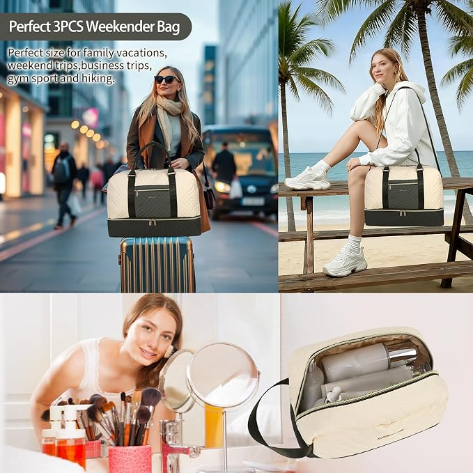 Wogarl 3PCS Weekender Bags for Women Large Overnight Bag Weekend Travel Duffel Bag Carry on Shoulder with Shoe Compartment Canvas Toiletry Bag for Travel Business Gym,Black Beige Green - Image 5