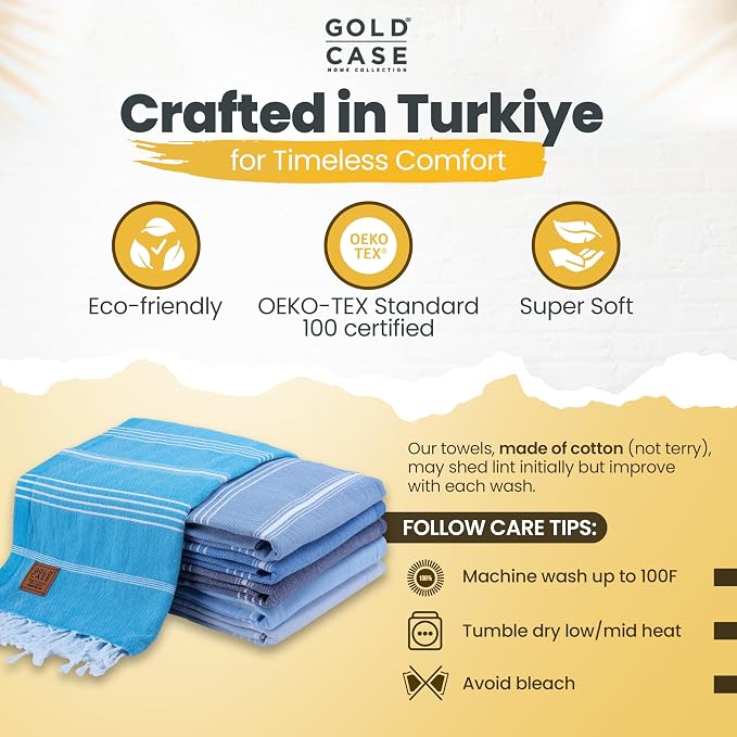 Gold CASE LYCIA Turkish Beach Towel Set of 6 – 100% Cotton Turkish Beach Towels Bulk 70 x 38'' – LYCIA Oversized, Quick Dry & Sand Free Beach Towel – Lightweight Towels Set in Tones of Blue - Image 6