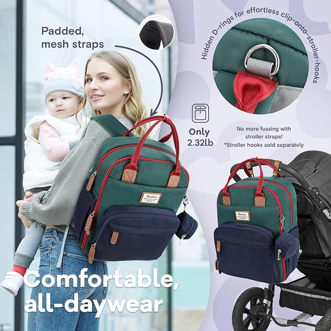 RUVALINO Diaper Bag Backpack-Multifunction Baby Travel Bag with Changing pad, Insulated Bottle Holders & Pacifier Case, Large Capacity, Waterproof, Red-Green-Blue - Image 7
