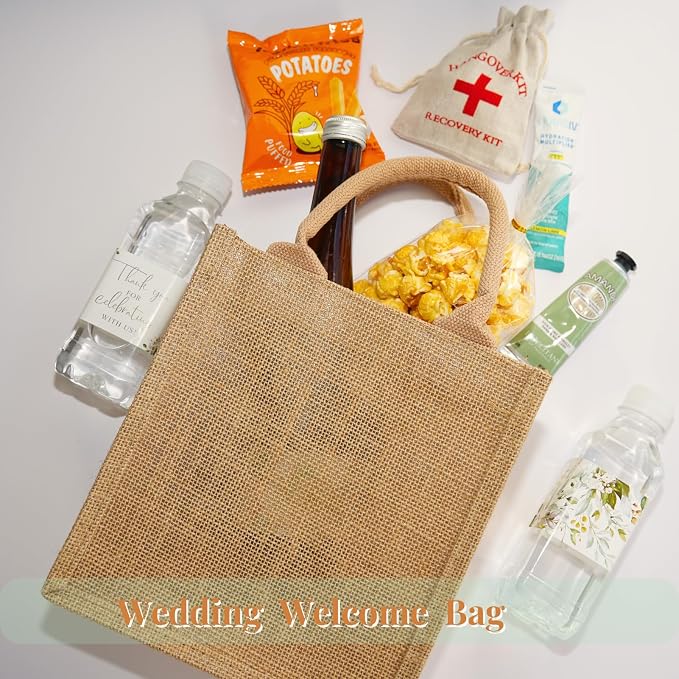 10 Pack Burlap Gift Bags for Wedding Welcome, Bachelorette, Beach, Bridesmaid - Small Bulk Reusable Jute tote with Sage Green Ribbons - Image 5