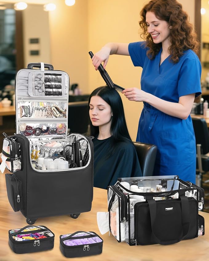 Relavel Rolling Makeup Train Case with Large Clear Makeup Bag, Hairstylist Traveling Bag with 4 Wheels, Cosmetic Storage Organizer Hair Stylist Travelling Bag with Adjustable Dividers & Shoulder Strap - Image 2