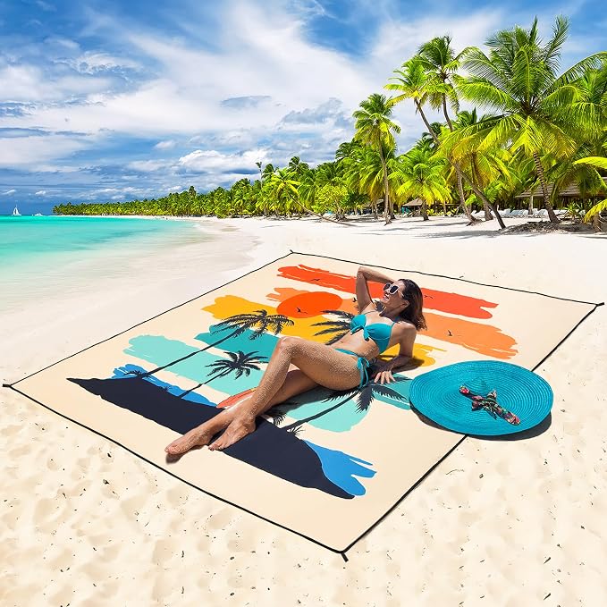 HIHOHO Beach Blanket Waterproof Sandproof Beach Mat 79”x 83” for 1-8 Adults Quick Drying Durable Outdoor Picnic Mat for Beach Festival Travel Camping Hiking (Rainbow Cocotree-YL, 79"×83"(4 Person)) - Image 2
