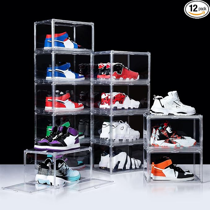 12 Pack Shoe Boxes, Clear Acrylic Stackable Plastic Sneaker Box Container, Magnetic Drop & Side Open Shoe Organizer Case Container With Lids Fits Up to Size 15(Transparency) by BSFHH