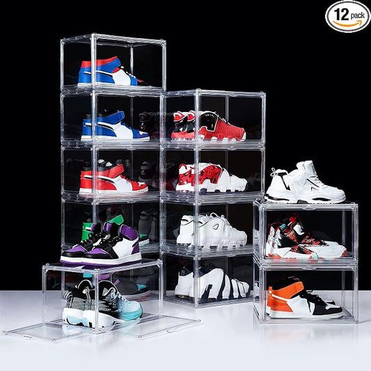12 Pack Shoe Boxes, Clear Acrylic Stackable Plastic Sneaker Box Container, Magnetic Drop & Side Open Shoe Organizer Case Container With Lids Fits Up to Size 15(Transparency) by BSFHH