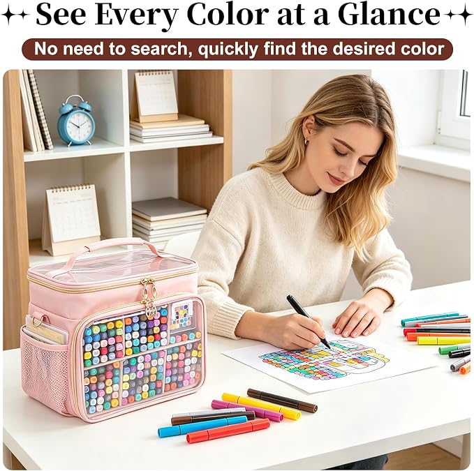Large Marker Organizer Case for 200-300 Markers, Double-Layer Marker Bag with Removable Dividers, Marker Organizer for Markers, Pencils, Crayons or Other Art Supplies, Pink (Bag Only) - Image 6