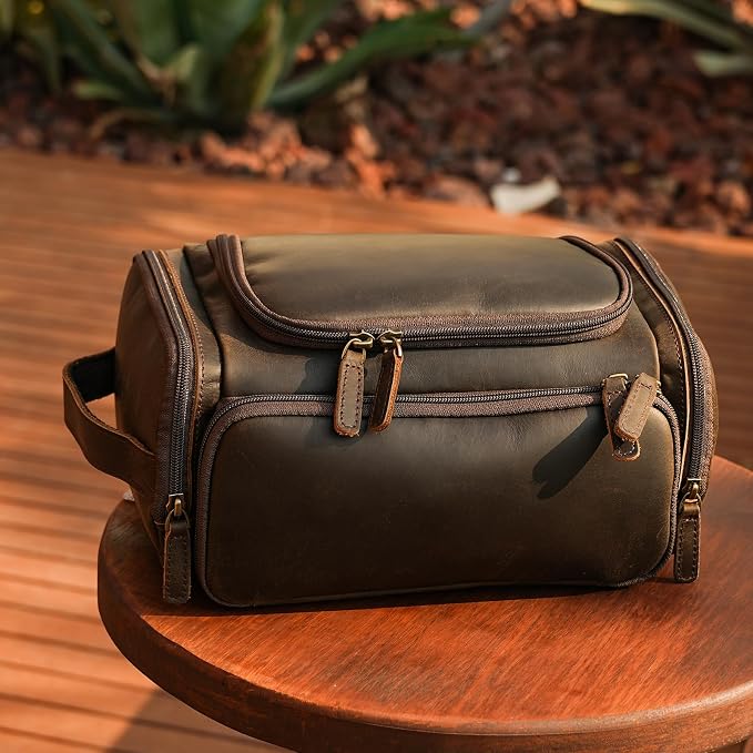 Polare Full Grain Leather Toiletry Bag Travel Dopp Kit Makeup Cosmetic Organizer Shaving Kit Wash Case with Hanging Hook (B-Dark Brown) - Image 2