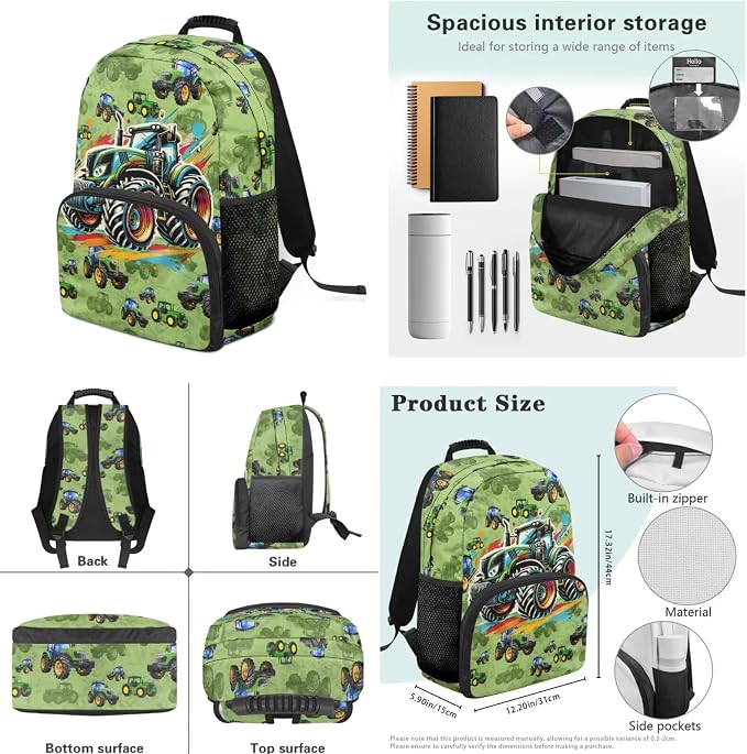 Green Buggy Backpack for Boys Kids Backpack with Lunch Box and Aesthetic Pencil Case 4 in 1 Set Bookbag for Elementary Kindergarten 17 inch Large Capacity School Bag with Compartments - Image 7