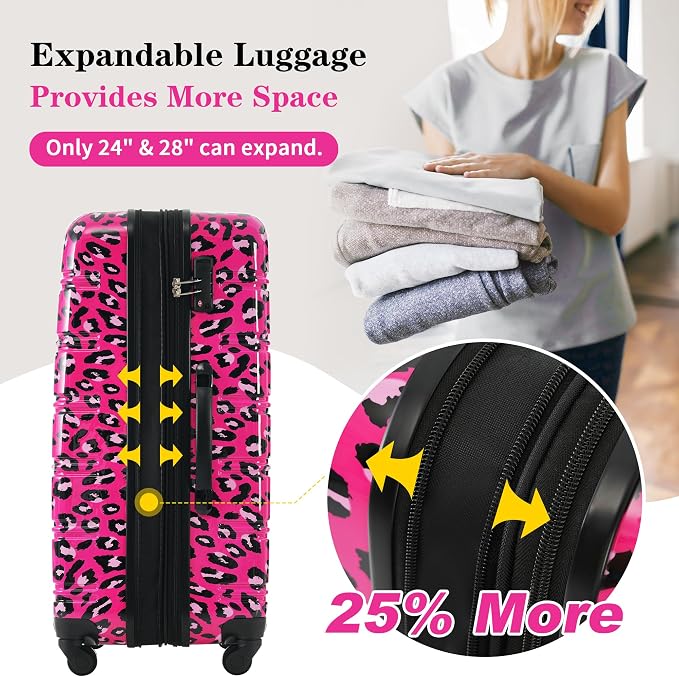 Merax Suitcase Set, Hardshell Luggage Sets 3 Piece with Spinner Wheels | Expandable Durable Suitcase with TSA Lock Lightweight 20" 24" 28", Hot Pink Leopard - Image 3