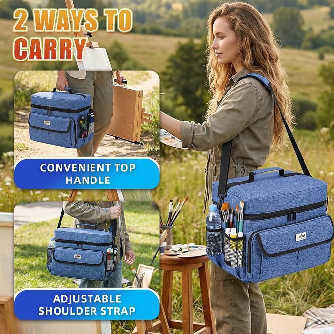 JJRING Acrylic Paint Organizer Bag With Adjustable Dividers, Blue | Versatile Art Supply Storage Case With 12-Slot Brush Holder & Clear Zipper Pocket For Multi-Size Bottles, Travel Tote - Image 4