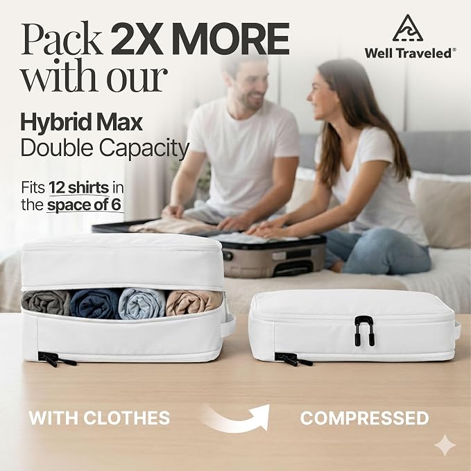 Well Traveled 8 pcs Compression Packing Bags Cubes Set with HybridMax Double-Capacity Design - Packing Cubes for Travel Compression to Maximize Limited Luggage Space, White - Image 2
