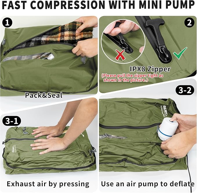 Eulant Travel Vacuum Bags with Pump,Professional IPX8 Waterproof Vacuum Compression Bag for Carry-On Suitcase & Travel Backpack,Space Saver Bags Packing Organizers(3 Pack,Green) - Image 7