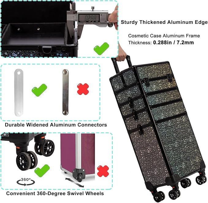 AROUS Rolling Makeup Train Case 5 in 1 Cosmetology Case on Wheels Large Cosmetic Organizer Travel Cart for Hairstylist Artist Nail Beauty Salon Barber,Black - Image 8