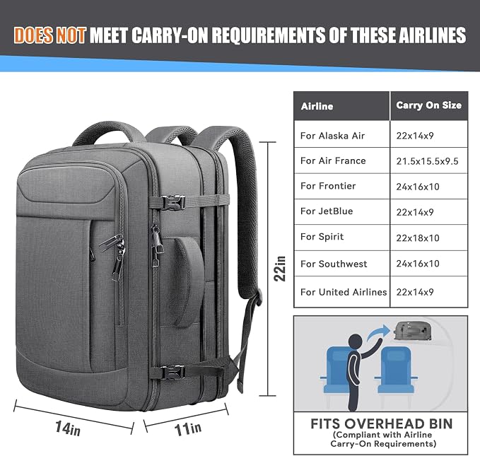 Expandable Carry on Backpack 45L-55L, Extra Large Travel Backpack Hiking Camping Rucksack with Waterproof Wet Pocket, Anti-Theft 18.4 Inch Gaming Laptop Bag for Road Trip Outdoor Sports, Grey - Image 6