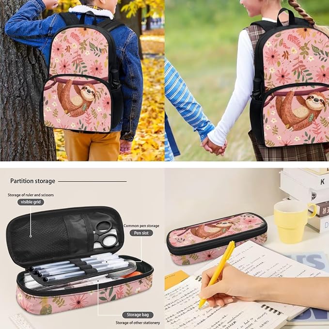 4 Pcs Sloth Schoolbag Set Cute Sloth Backpack School Bag Set with Large Pencil Holder Pouch Crossbody Water Bottle Holder Bag Insulated Lunch Box Student Girls Back to School Gift - Image 4