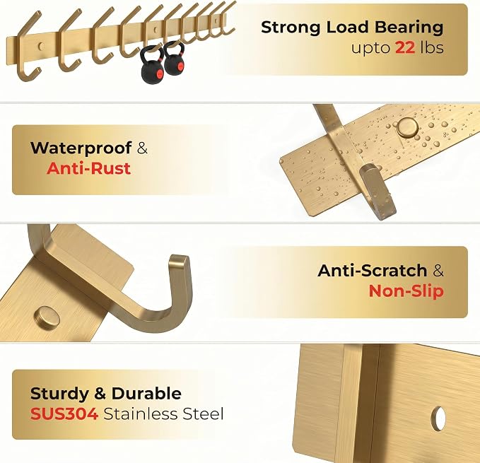 Brushed Gold Wall Mounted Coat Rack – 30 Inch Stainless Steel Rail with 10 Double Coat Hooks for Entryway, Bathroom, Bedroom, Kitchen – Modern Gold Hook Rack for Coats, Hats, Towels - Image 4