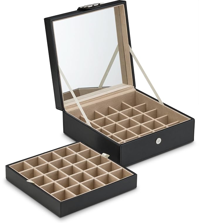 Glenor Co Earring Organizer - Classic 50 Section Jewelry Box/Case/Holder for Earrings, Rings, Necklaces, Jewelry, Cufflinks or Collections -2 Layer Small Compartments with Large Mirror - Black - Image 6