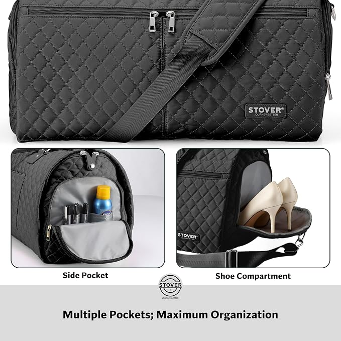 STOVER Women’s Convertible Garment Duffel Bag for Travel – 2-in-1 Carry-On Weekender/Overnight Tote - Wrinkle-Free Dresses, Suits & Clothes + Shoe Compartment & Bonus Toiletry Bag (Onyx Black) - Image 5