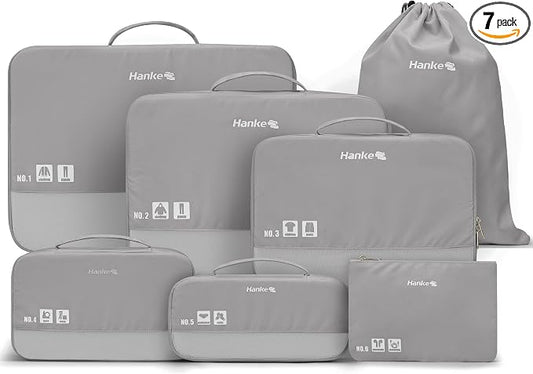 Hanke 7 Piece Expandable Compression Packing Cubes, Premium Travel Packing Organizers for Suitcases/Carry On, Luggage Organizer Bags with Breathable Mesh & Label,Light Grey by Hanke