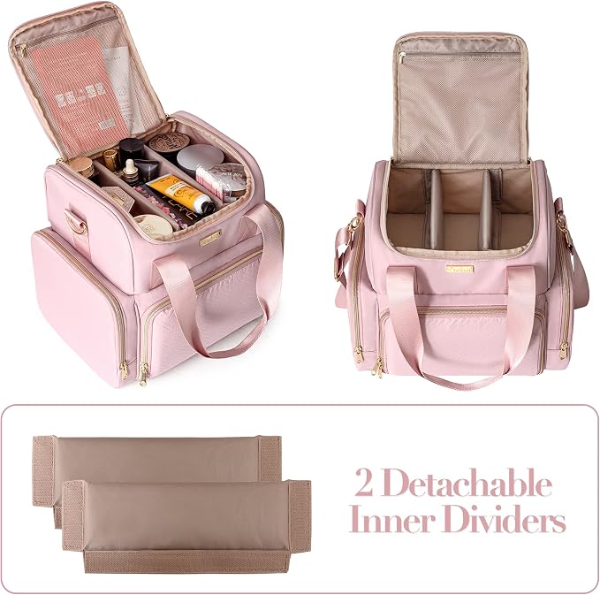 Large Cosmetic Bag, Double Layer Travel Makeup Organizer, Pink | Makeup Bag with 3 Removable Cases, Inner Dividers & Brushes Storage Pockets, Cosmetic Storage Case Fits Beauty Essentials - Image 3
