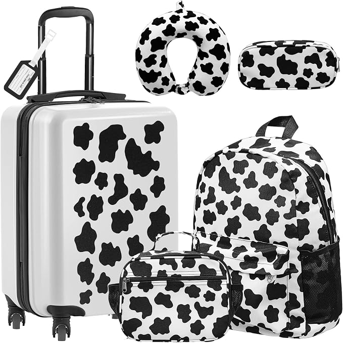 Redbaker 6 Pcs Kids Luggage Set, 17 Inch Rolling Suitcase with Backpack Lunch Bag Neck Pillow, Black and White Cow Travel Set for Summer Vacation Sleepover Back to School Gift by Redbaker
