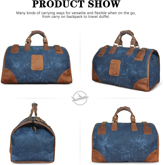 Canvas + Leather Travel Luggage Tote Duffle Gym Suitcase Weekender Overnight Bag For Men Male FB8151 (8151-The Blue) - Image 5