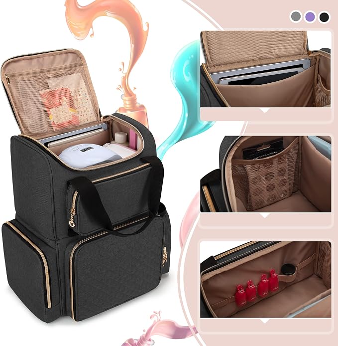 LUXJA Nail Polish Organizer Backpack Holds 70 Bottles and a UV Lamp | Travel Nail Bag with 2 Removable Cases, Ample Tools Storage Pockets, Adjustable Shoulder Straps, Trolley Sleeve, Black - Image 2
