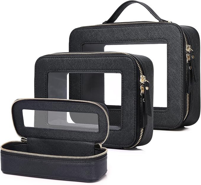 Travel Makeup Set, Black, L+M+SLIM | Waterproof, Transparent Cosmetic Bag, Toiletry Bag, Makeup Brush Case with Zipper, Car Essentials for Women by LOFOWN
