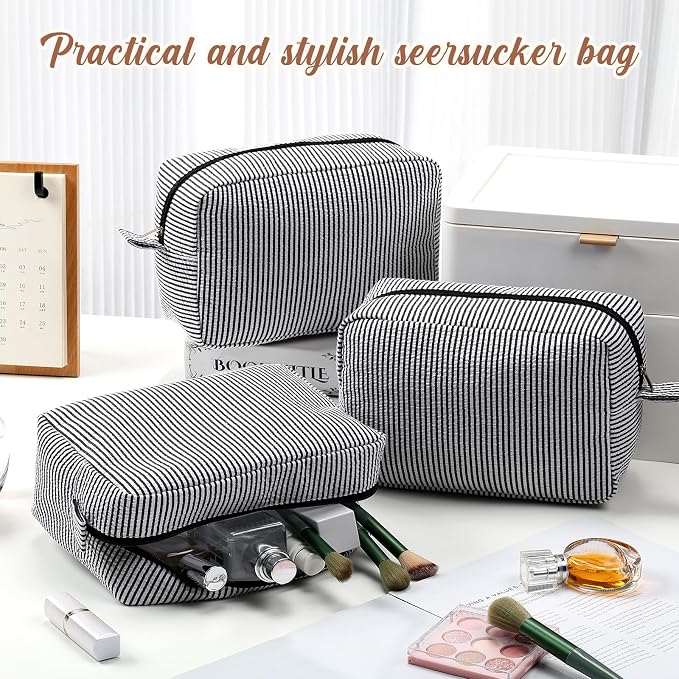 Sanwuta 6 Seersucker Cosmetic Bag Bulk Striped Makeup Bag for Women Aesthetic Cute Travel Toiletry Organizer Preppy Storage Pouch for Wedding Bridesmaid Mother's Day Teacher Gift (Large,Black) - Image 4