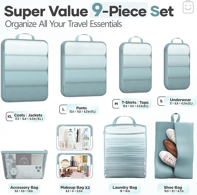 Veken 9/11 Set Compression Packing Cubes for Travel Essentials,Compressible Expandable Luggage Suitcase Organizer Bags with Garment Bag,Space Saver Bags with Over 1000 pcs of Mesh Holes(Blue Gray) - Image 2